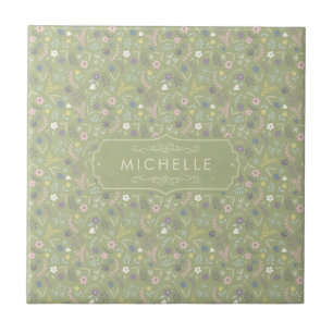 Azulejo De Cerâmica Sage Verde Flores Rosa Branco Padrão Floral Boho