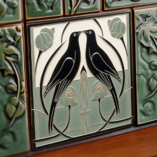 Azulejo De Cerâmica Sage Verde Mackintosh Preto Aves Arte Deco Decoraç