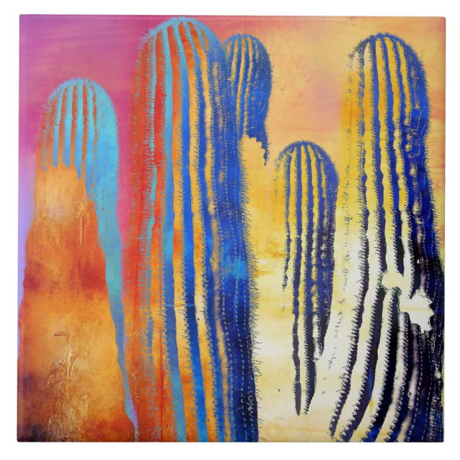 Azulejo De Cerâmica Saguaro Cactus Colorful Sudoeste do Deserto (Frente)