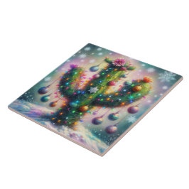 Azulejo De Cerâmica Saguaro Cactus Whimsical Snowflakes de Natal