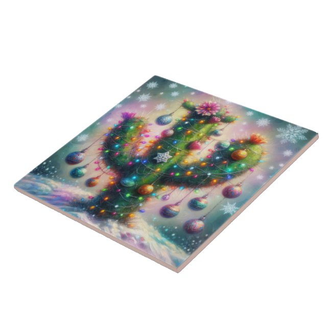 Azulejo De Cerâmica Saguaro Cactus Whimsical Snowflakes de Natal (Lateral)