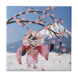 Azulejo De Cerâmica Sakura Geisha Pássaro na Neve Flores de Cerejeira