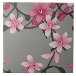 Azulejo De Cerâmica Sakura Pink - Flores Japonesas em Cinzas Escuras