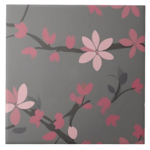 Azulejo De Cerâmica Sakura Pink - Flores Japonesas em Cinzas Escuras