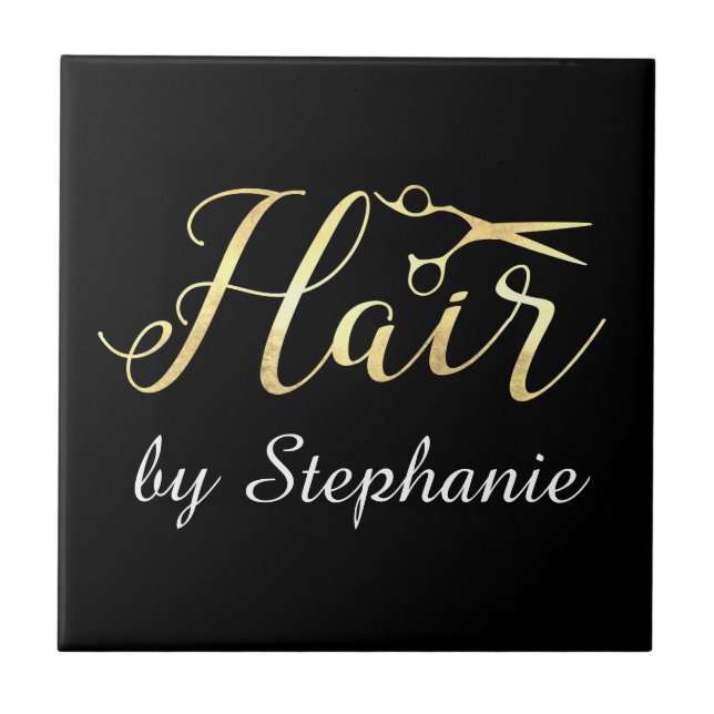 Azulejo De Cerâmica Salão de Cabelo Hairstylist com Tesoura de ouro (Frente)