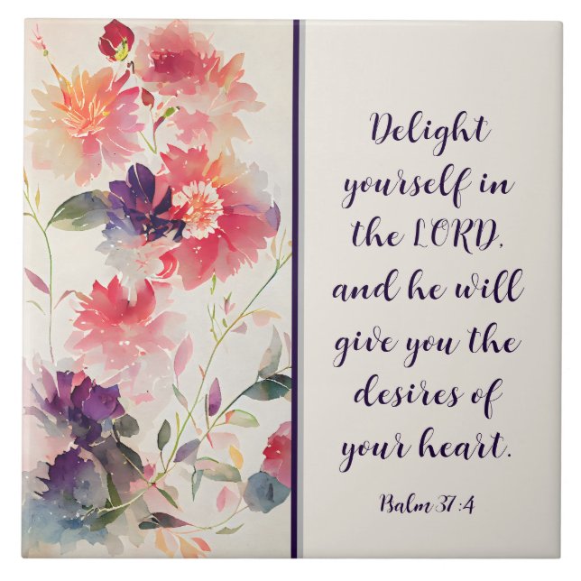 Azulejo De Cerâmica Salm 37:4 Se Delicie no Floral de LORD (Frente)