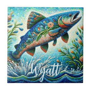 Azulejo De Cerâmica Salmão Saltando Mosaico Floral Azul Personalizado