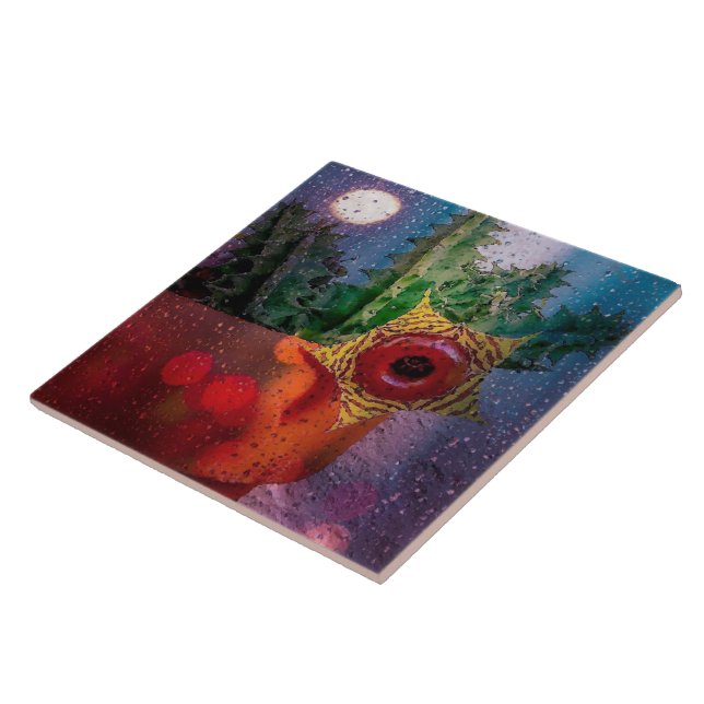 Azulejo De Cerâmica Salva o Cactus através de uma janela chuvosa (Lateral)