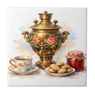 Azulejo De Cerâmica Samovar Russo de Aquarela com Biscoitos e Geleia