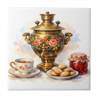 Azulejo De Cerâmica Samovar Russo de Aquarela com Biscoitos e Geleia