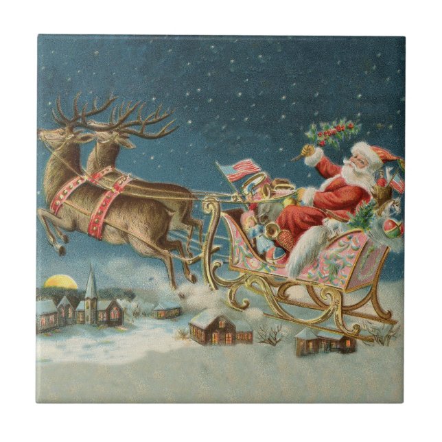 Azulejo De Cerâmica Santa Claus Christmas Antique Sleigh Reindeer (Frente)