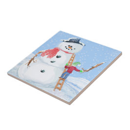 Azulejo De Cerâmica Santa Claus Helper Construindo Um Bobo Neve