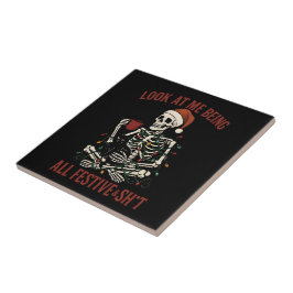 Azulejo De Cerâmica Santa Skeleton with Cat Holiday Snark