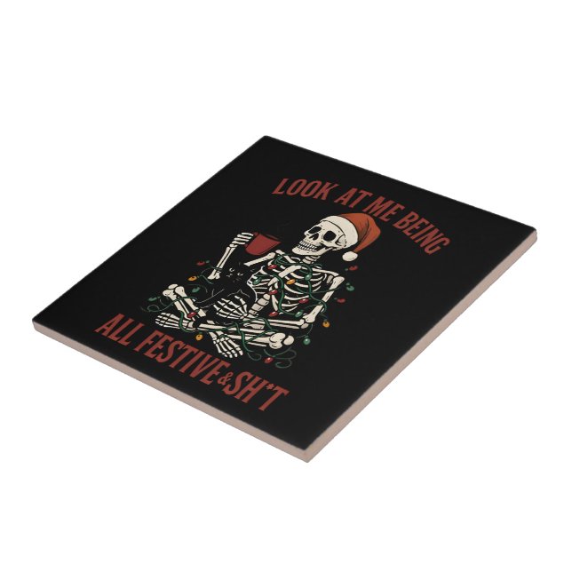 Azulejo De Cerâmica Santa Skeleton with Cat Holiday Snark (Lateral)