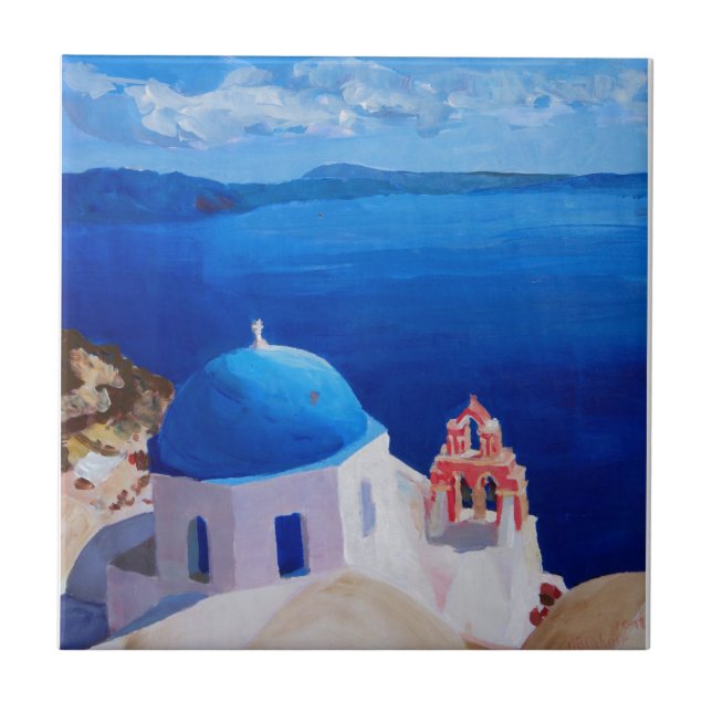 Azulejo De Cerâmica Santorini azul, piscina - vista de Oia (Frente)