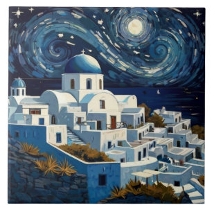 Azulejo De Cerâmica Santorini, Grécia Starry Night - Arte da Ilha Greg