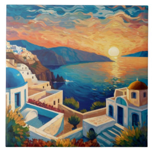 Azulejo De Cerâmica Santorini Sunset - Grécia - Vila da Ilha Grega