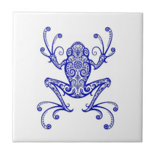 Azulejo De Cerâmica Sapo de árvore azul intrincado no branco