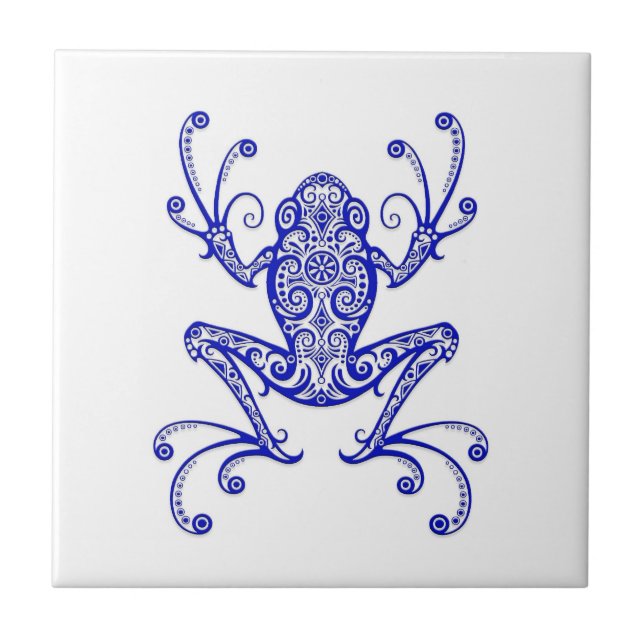 Azulejo De Cerâmica Sapo de árvore azul intrincado no branco (Frente)