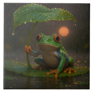 Azulejo De Cerâmica Sapo de Olho Vermelho Folha Guarda-chuva na Chuva