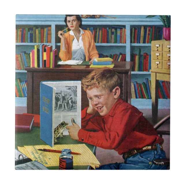 Azulejo De Cerâmica Sapo na Biblioteca (Frente)