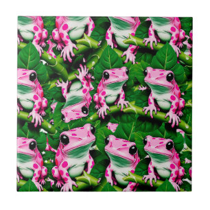 Azulejo De Cerâmica Sapo Rosa No Padrão De Folha Verde Design