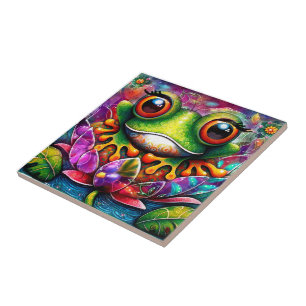 Azulejo De Cerâmica Sapo Whimsic Pintura De Abstrato Floral Verde