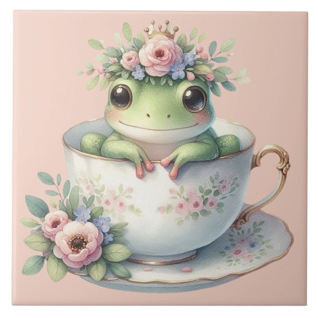 Azulejo De Cerâmica Sapo Whimsical em Floral Teacup (Frente)
