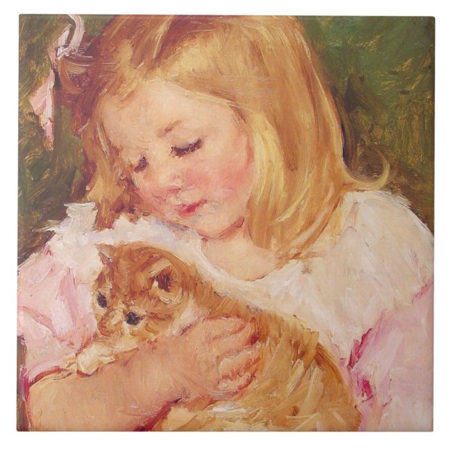 Azulejo De Cerâmica Sara Holding um Gato (por Mary Cassatt) (Frente)