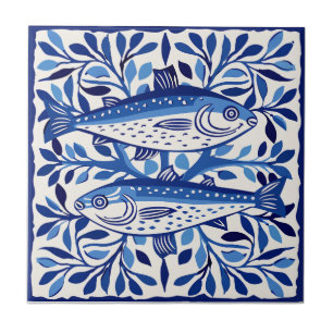 Azulejo De Cerâmica Sardinha Azul e Branco Portuguesa