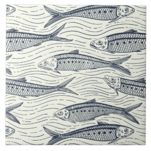 Azulejo De Cerâmica Sardinhas em Movimento em azul marinho e marfim