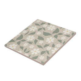 Azulejo De Cerâmica Scandi Modern Daisy Floral Bege Macio & Verde