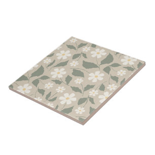 Azulejo De Cerâmica Scandi Modern Daisy Floral Bege Macio & Verde