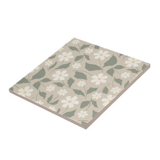 Azulejo De Cerâmica Scandi Modern Daisy Floral Bege Macio & Verde
