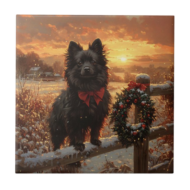 Azulejo De Cerâmica Schipperke Dog Rustic Winter Sunset (Frente)