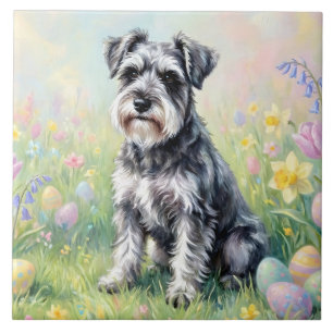 Azulejo De Cerâmica Schnauzer Caprichoso com Ovos de Páscoa