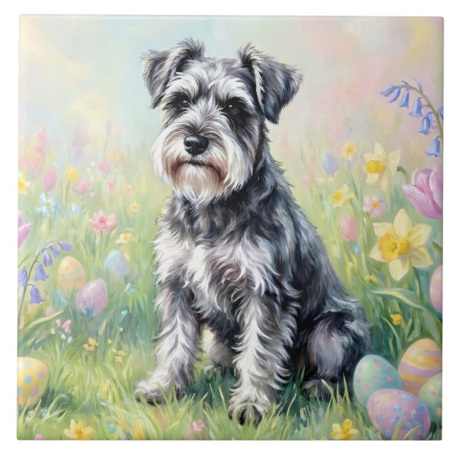 Azulejo De Cerâmica Schnauzer Caprichoso com Ovos de Páscoa (Frente)