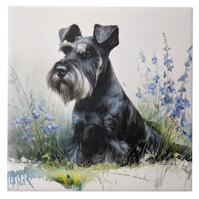 Azulejo De Cerâmica Schnauzer em Aquarela (Frente)