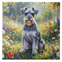 Azulejo De Cerâmica Schnauzer em Prado de Flores Silvestres