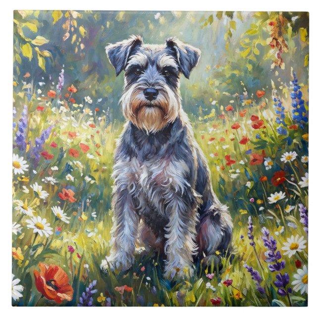 Azulejo De Cerâmica Schnauzer em Prado de Flores Silvestres (Frente)