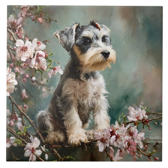 Azulejo De Cerâmica Schnauzer Puppy Among Spring Cherry Blossoms (Frente)