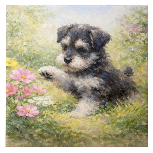 Azulejo De Cerâmica Schnauzer Puppy Springtime Flowers (Frente)