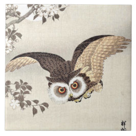 Azulejo De Cerâmica Scop Owl, Cherry Blossoms e Lua Japonês