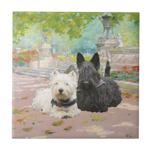 Azulejo De Cerâmica Scottie e Westie em um Jardim
