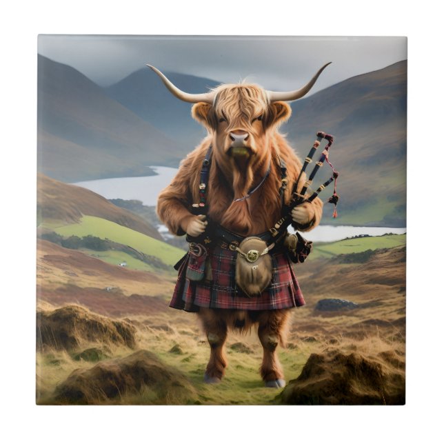 Azulejo De Cerâmica Scottish Highland Cow Bagpiper,  (Frente)