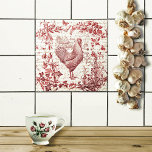 Azulejo De Cerâmica Script Floral do Toile Vermelho do Galo de Vintage<br><div class="desc">Gravura/gravação antiga de galo,  plantas,  flores,  insetos e borboletas com escrita caligráfica no fundo,  perfeita para decoração rustica</div>