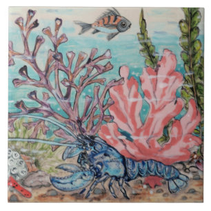 Azulejo De Cerâmica Sea Life Blue Lobster Pink Coral Beach Mural Pc.#4