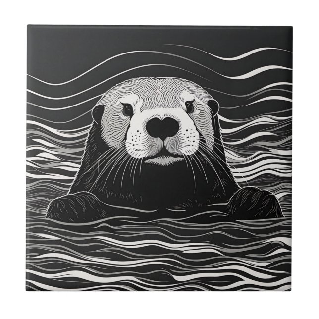 Azulejo De Cerâmica Sea Otter Natação (Frente)