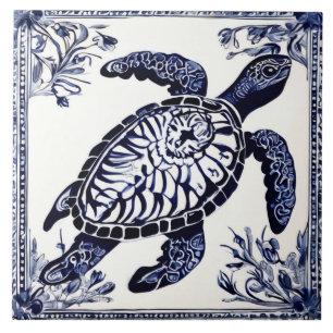 Azulejo De Cerâmica Sea Turtle Marinho Blue and White Ocean Beach Hous