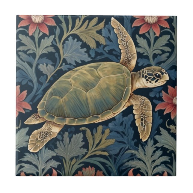 Azulejo De Cerâmica Sea Turtle William Morris estilo Hawaii Marine Lif (Frente)